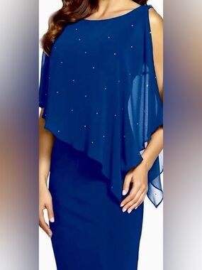 Stunning Vintage Frank Lyman Knee Length Formal Cape Dress Size 16/18 Royal Blue